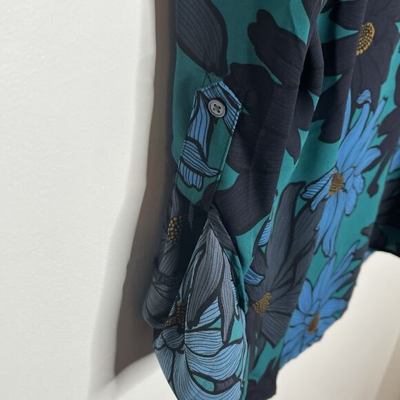 LOFT Big Floral Print Top Green Blue Womens M Chiffon Lightweight Spring Artsy - Picture 4 of 6
